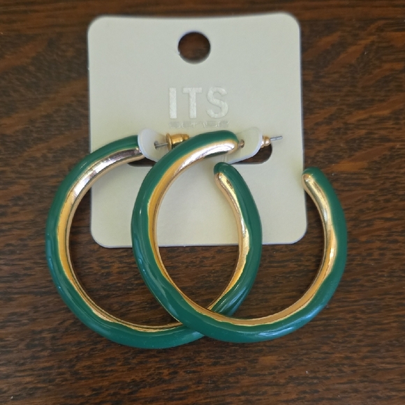 ♦️ Green and Gold 2"  Contemporary Hoop Earrings FINAL PRICE - Picture 1 of 8
